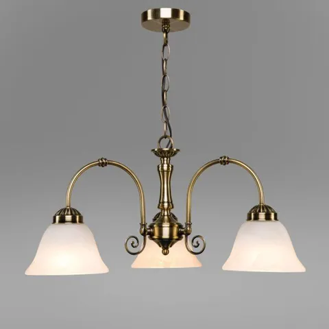 BOXED BRAZELL 3-LIGHT SHADED ANTIQUE BRASS DOWN LIGHT CHANDELIER ALABASTER 