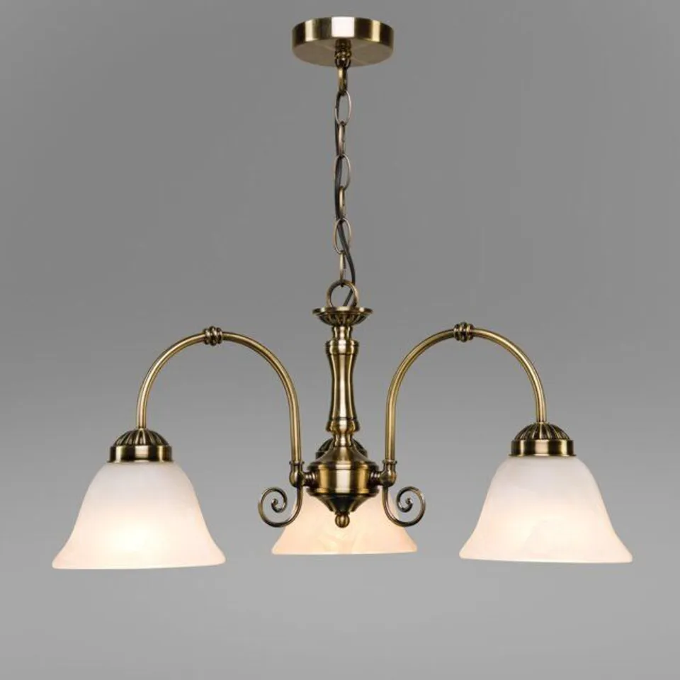BOXED BRAZELL 3-LIGHT SHADED ANTIQUE BRASS DOWN LIGHT CHANDELIER ALABASTER 