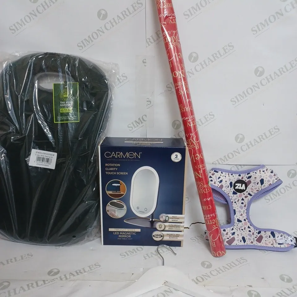 BOX OF APPROXIMATELY 8 ASSORTED ITEMS TO INCLUDE - CARMEN MIRROR - KNEELING PAD - WRAPPING PAPER ETC
