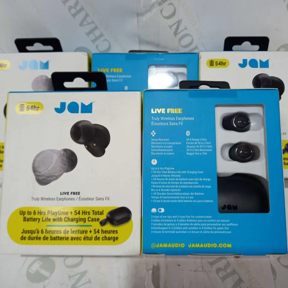 LOT OF APPROXIMATELY 10 BRAND NEW BOXED JAM LIVE FREE TRULY WIRELESS EARPHONES IN BLACK