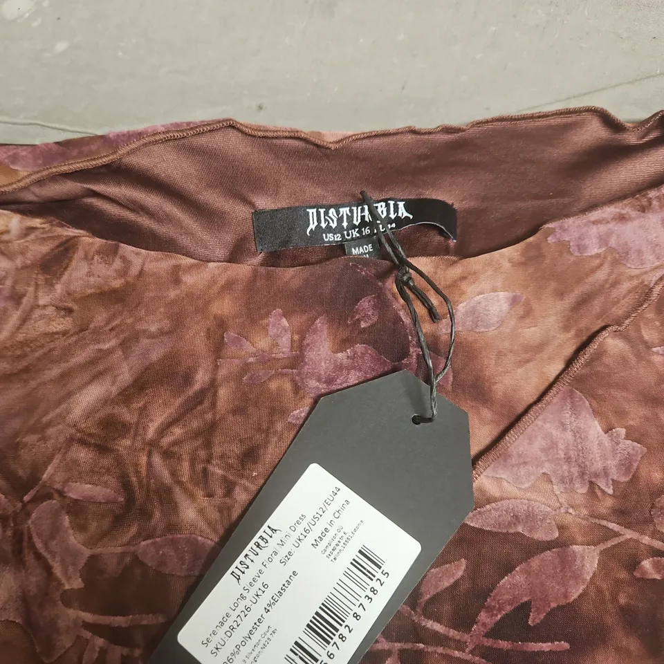 DISTURBIA FLORAL SATIN DRESS – UK 16 (US 12 / EU 44), BROWN WITH PINK PATTERN