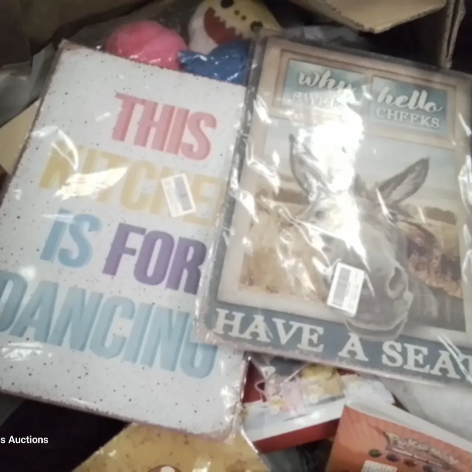 PALLET OF ASSORTED ITEMS, INCLUDING, RETRO METAL SIGNS, POKEMON CARD FILES, SOFT TOYS, PHONE PROTECTORS 