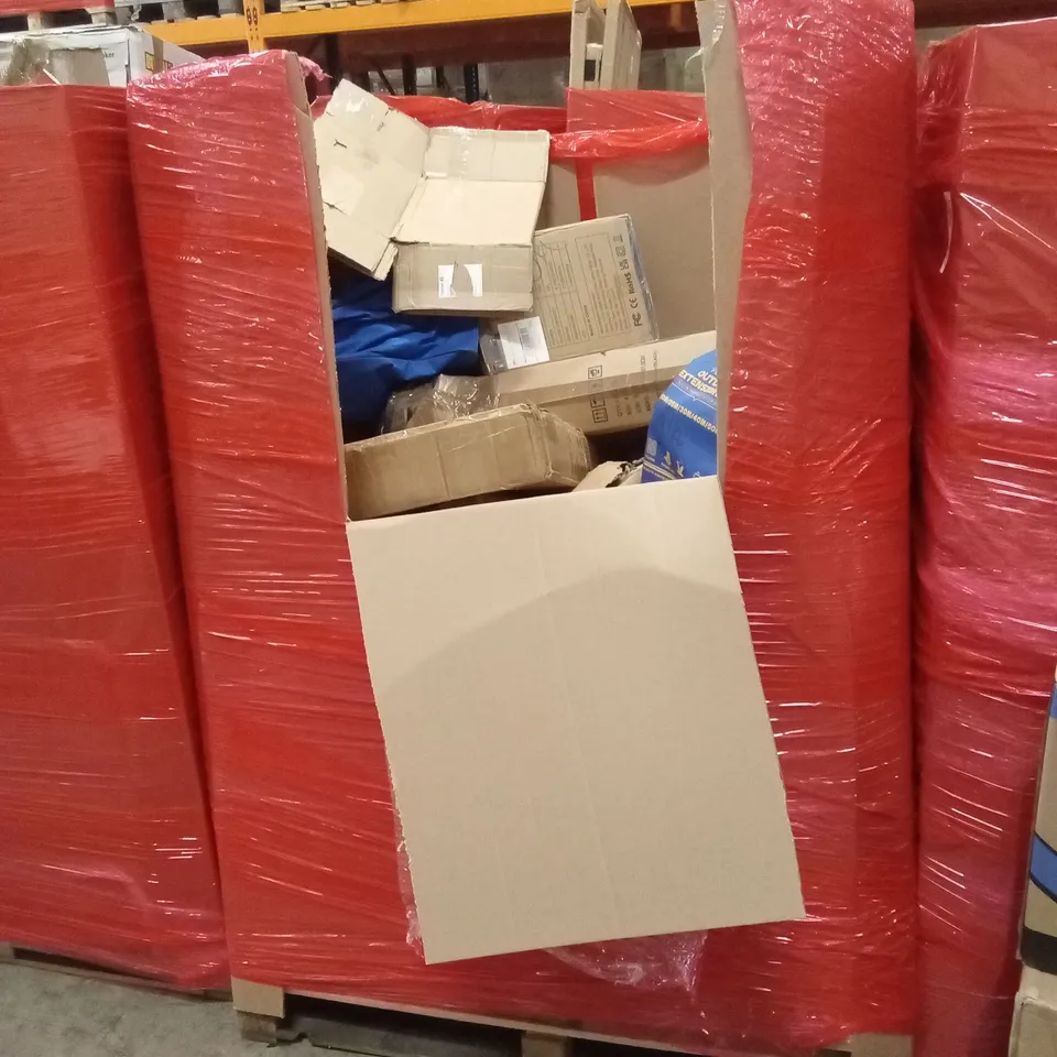 PALLET OF ASSORTED HOUSEHOLD GOODS AND PRODUCTS TO INCLUDE; COMPUTER MONITOR, FLOOR FAN, DIGITAL AIR FRYER OVEN ETC