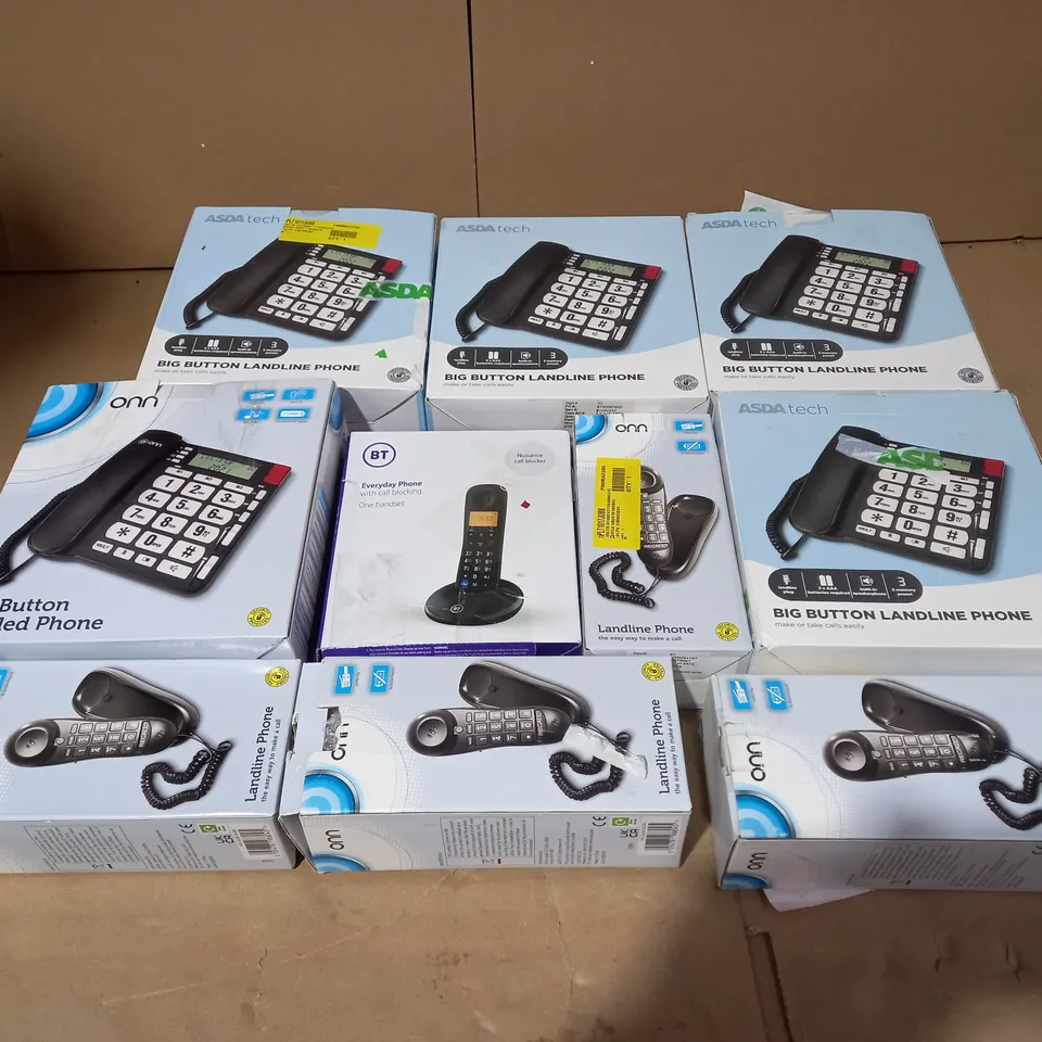 LOT OF APPROX. 10 ASSORTED LANDLINE PHONES TO INCLUDE BIG BUTTON PHONES, BT CORDLESS AND ONN CORDED