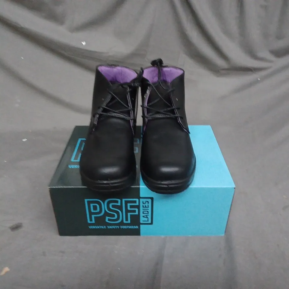BOX OF APPROXIMATELY 10 PAIRS OF WOMENS PSF LADIES VERSATILE SAFETY BOOTS - SIZE 4