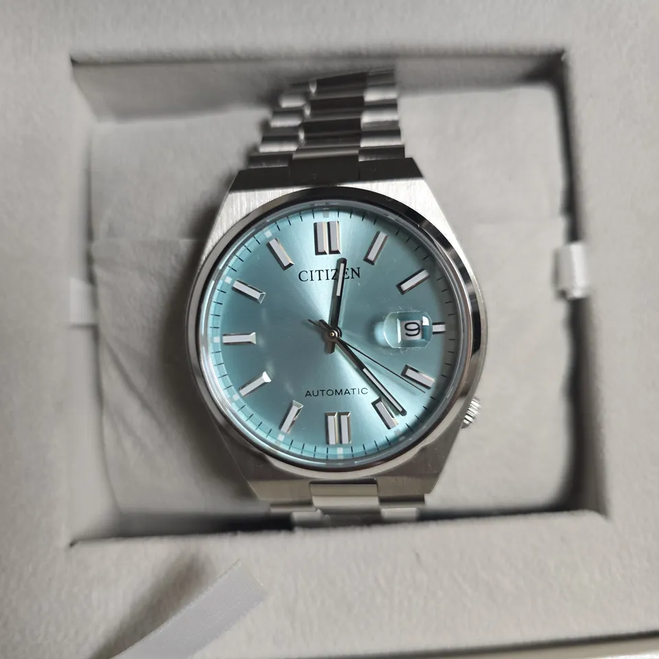 CITIZEN AUTOMATIC STAINLESS STEEL WRISTWATCH – TURQUOISE DIAL, BOXED