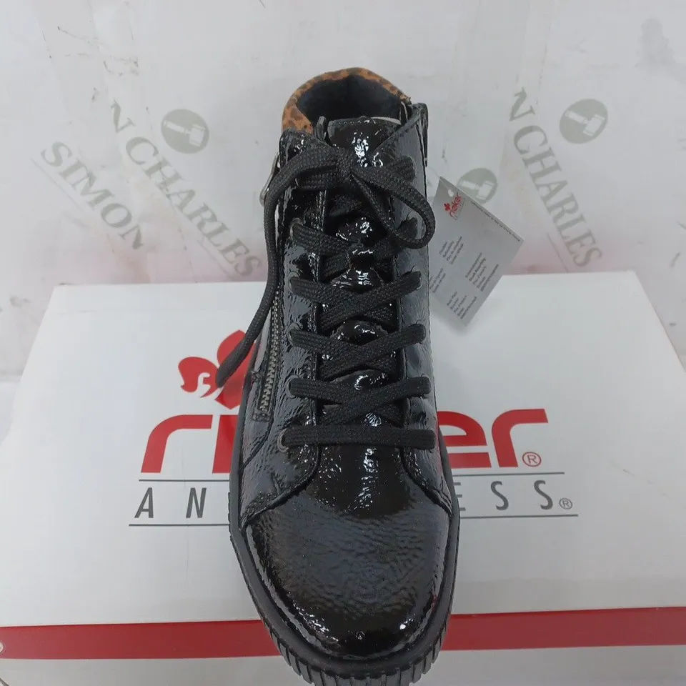 BOXED PAIR OF RIEKER HIGH TOP LEOPARD CUFF TRAINERS BLACK - SIZE 38