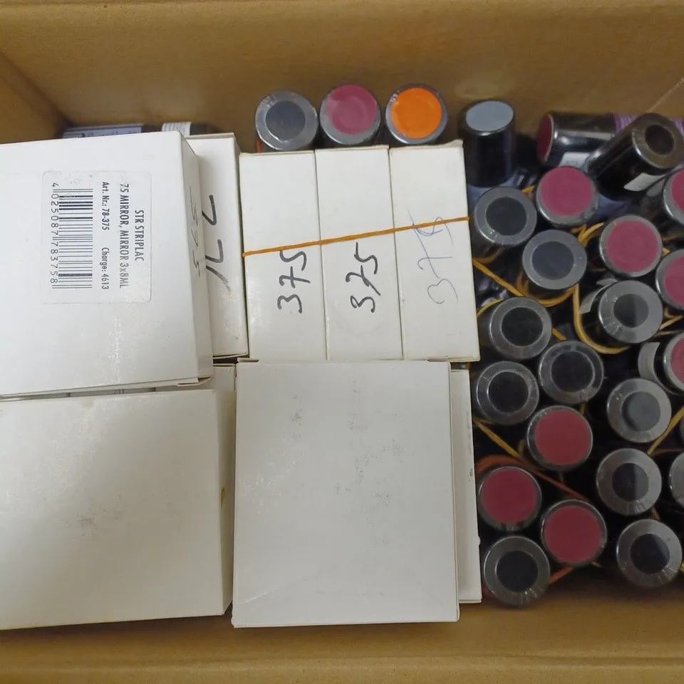 BOX OF APPROXIMATELY 100 X 8ML VIALS OF STRIPLAC NAIL POLISH IN CRAZY LAZY, DARK RUBIN, RED SAND, MIRROR MIRROR