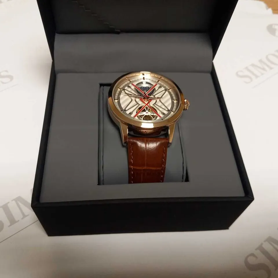 MENS VONLANTHEN AUTOMATIC WATCH – SILVER AND RED TEXTURED DIAL – ROSE GOLD COLOUR CASE - GLASS EXHIBITION BACKCASE – BLACK LEATHER STRAP