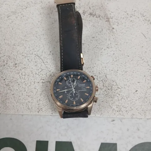 CITIZEN ECO-DRIVE CHRONOGRAPH WATCH – ROSE GOLD TONE CASE, BLACK LEATHER STRAP