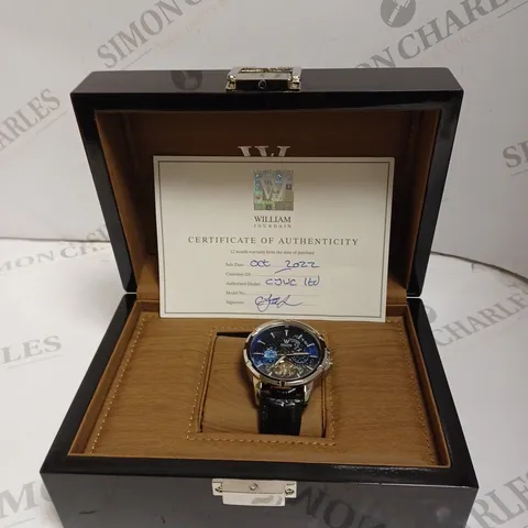 MENS WILLIAM JOURDAIN AUTOMATIC 2580 WATCH β OPEN HEART MOVEMENT WITH SUB DIALS β GLASS EXHIBITION BACK CASE β BLACK GENUINE LEATHER STRAP