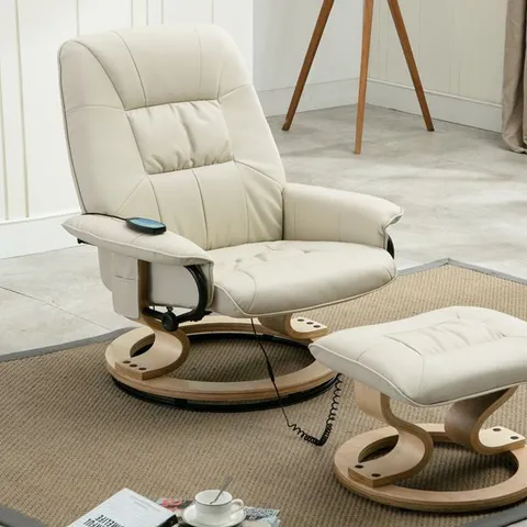 BOXED CREAM FAUX LEATHER SWIVEL MASSAGE RECLINER CHAIR (1 BOX)