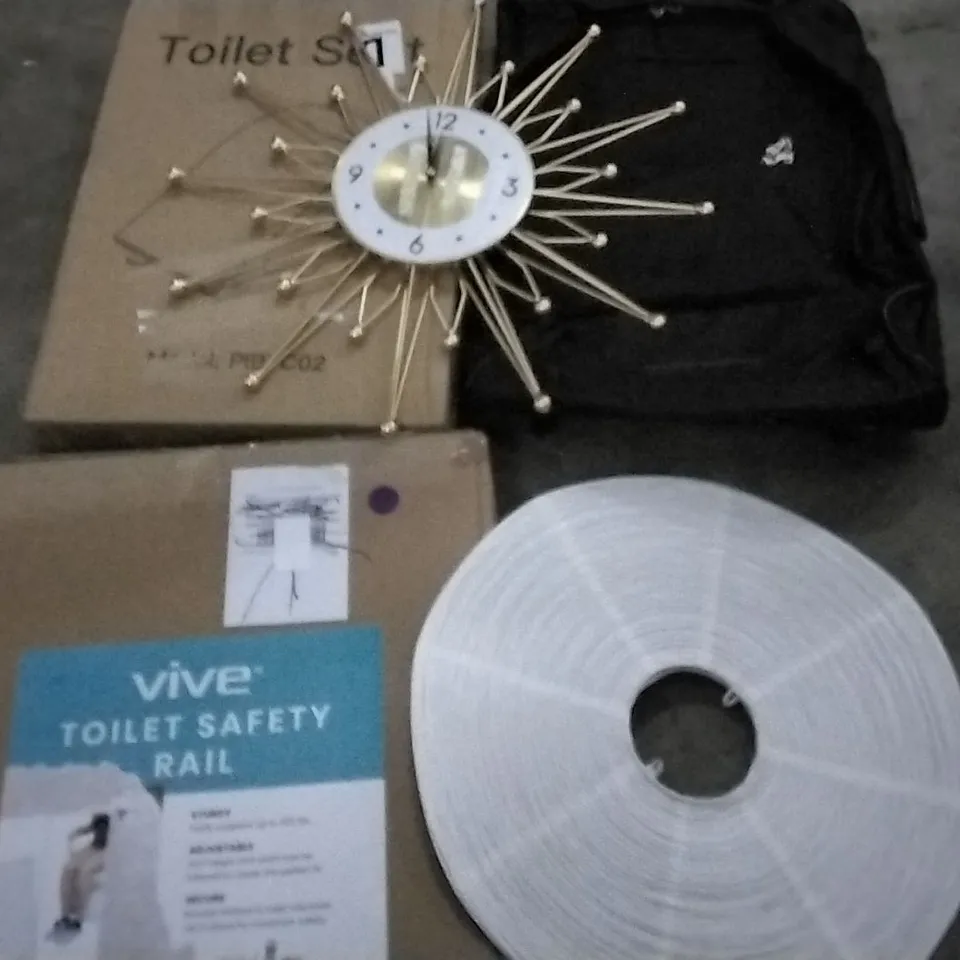 PALLET OF ASSORTED PRODUCTS TO INCLUDE; LANTERN STYLE LIGHT FITTING, LUGGAGE, SUN CLOCK, VIVE TOILET SAFETY RAIL AND TOILET SEATS