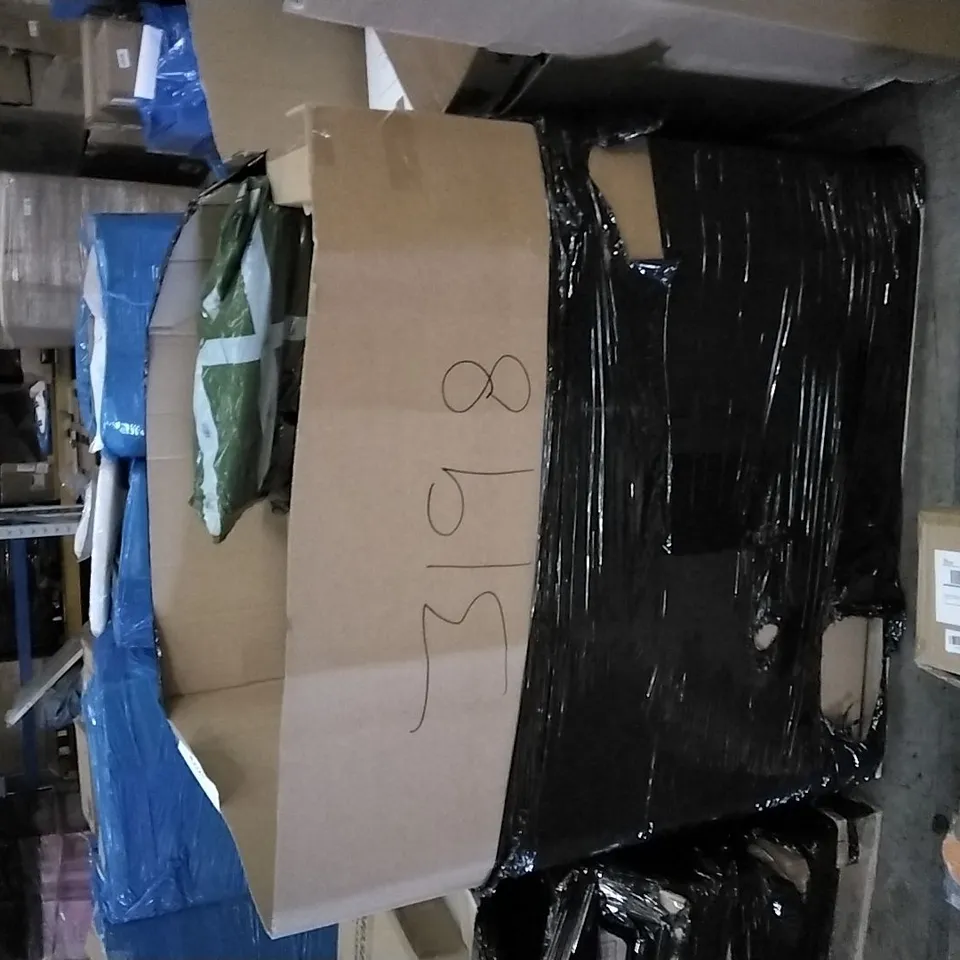 PALLET OF ASSORTED ITEMS INCLUDING OVERMONT OAR, SOFA TABLE, SMALL END TABLE, METAL GAZEBO, STORAGE STOOL, SKYLIGHT NONSTICK WOK PAN