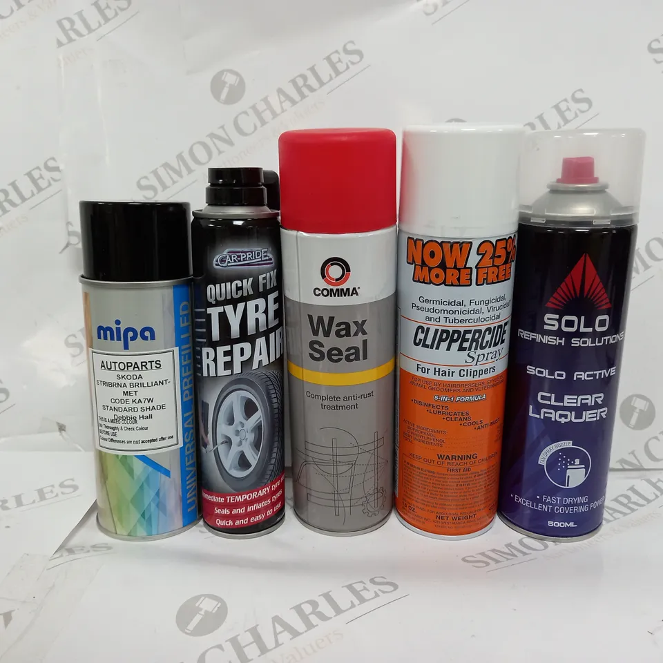 BOX OF APPROX 15 ASSORTED AEROSOLS TO INCLUDE - SOLO CLEAR LAQUER - WAX SEAL - TYRE REPAIR ECT