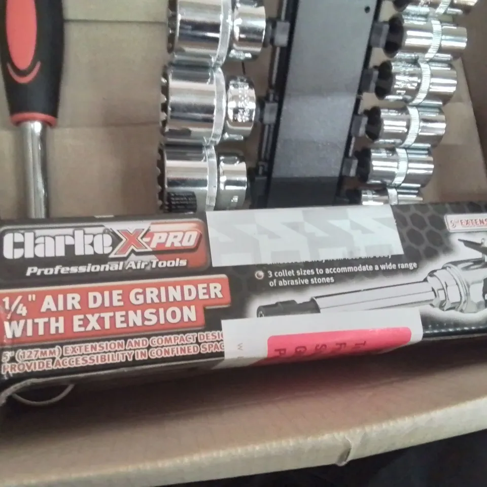 MIXED BOX OF TOOLS TO INCLUDE: CLARKE 3PC BALL JOINT SEPARATOR SET, LARGE SOCKET SET, ¼" AIR DIE GRINDER WITH EXTENSION 