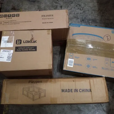PALLET CONTAINING ASSORTED PRODUCTS INCLUDING PIANO BENCH, AUTO TUMBLER, PLAYPEN & LED CEILING FAN