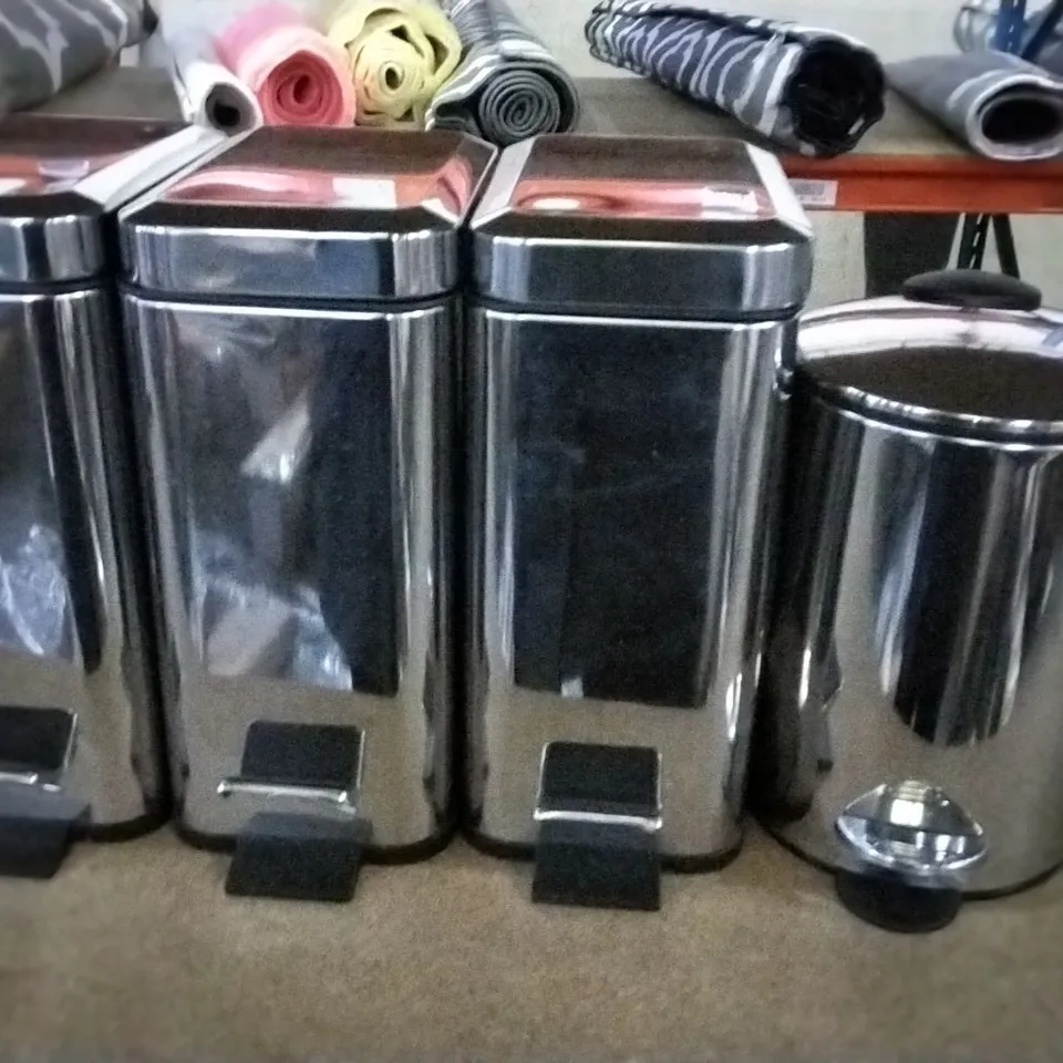 FOUR ASSORTED CHROME WASTE BINS