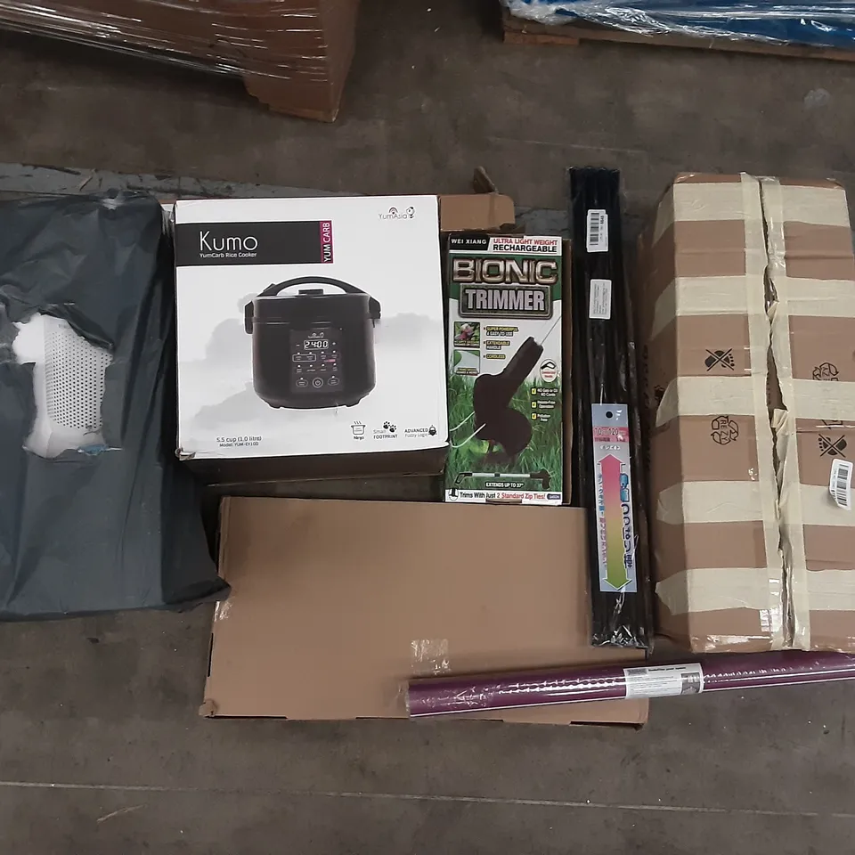 PALLET OF ASSORTED PRODUCTS INCLUDING KUMO YUMCARB RICE COOKER, WEI XIANG BIONIC TRIMMER, HAOYUNTE, ANGEL SHIELD TOILET SEAT, DRENKY SHOWER RAIL, SUNDEE TOILET SEAT 