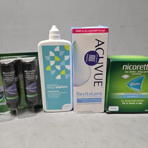APPROXIMATELY 13 ASSORTED VISION CARE ITEMS & NICOTINE TO INCLUDE - NICORETTE MOUTHSPRAY , NICORETTE GUM , SPECSAVERS EASIPURPOSE ETC