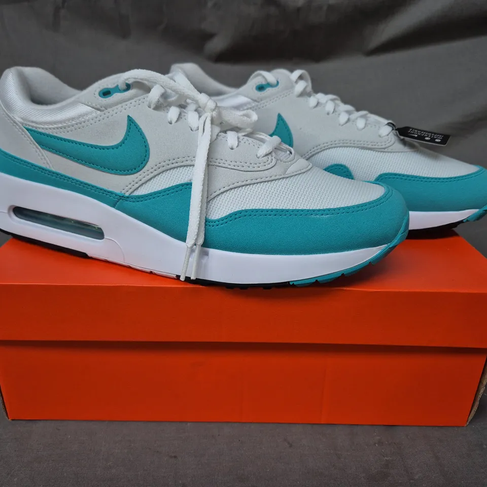 BOXED PAIR OF NIKE AIR MAX 1 '86 SHOES IN WHITE/CYAN UK SIZE 10