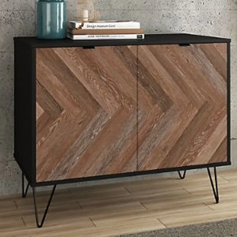 BRAND NEW BOXED OUT & OUT DENVER OAK GREY PARQUET SIDEBOARD L.90 X D.44.5 X H.74.5CM