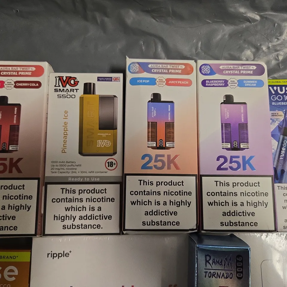 APPROXIMATELY 19 ASSORTED E-CIGARETTE PRODUCTS TO INCLUDE - VUSE AND 25K