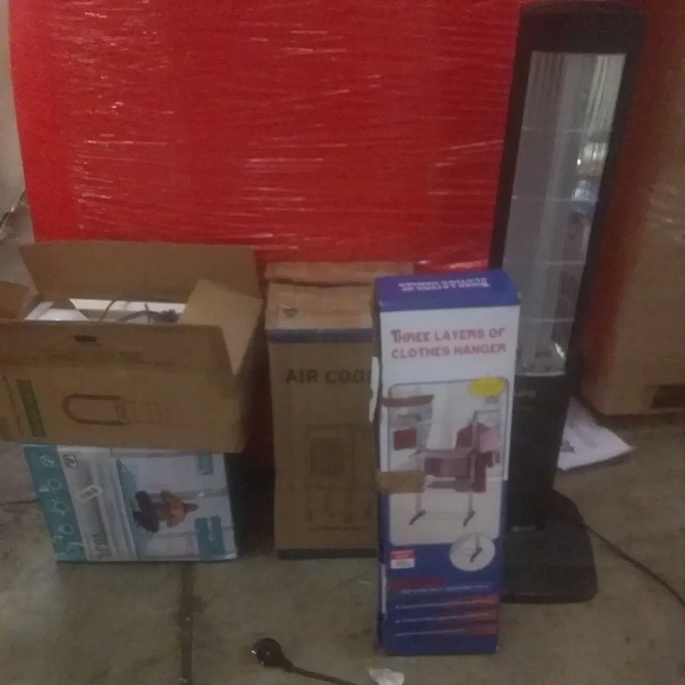 PALLET OF ASSORTED ITEMS INCLUDING CLOTHES HANGER, UFO HEATER, AIR COOLER, AIR MATTRESS, AIR MULTIPLIER TOWER FAN
