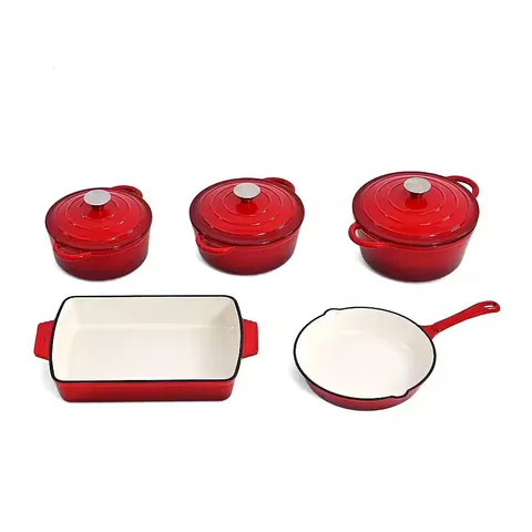 5-PIECE ENAMELLED CAST IRON COOKWARE SET - 2L, 3L & 4L LIDDED CASSEROLE, BAKEWARE, & SQUARE ROASTER - RED
