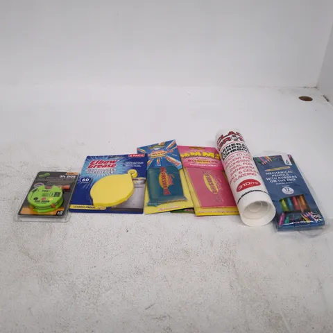 TOTE OF APPROXIMATELY 15 ASSORTED ITEMS TO INCLUDE MECHANICAL PENCIL SET, CLAD GRIP ADHESIVE, ELBOW GREASE DISH WASHER FRESHENER ETC