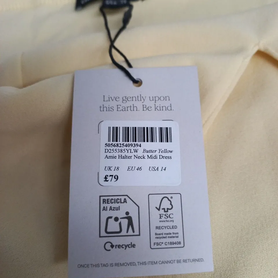NOBODY'S CHILD BUTTER YELLOW HALTER NECK MIDI DRESS – UK 18