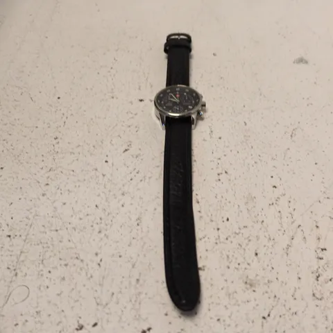 SWISS MILITARY CHRONOGRAPH WATCH – STAINLESS STEEL CASE, BLACK DIAL, LEATHER STRAP, DATE WINDOW