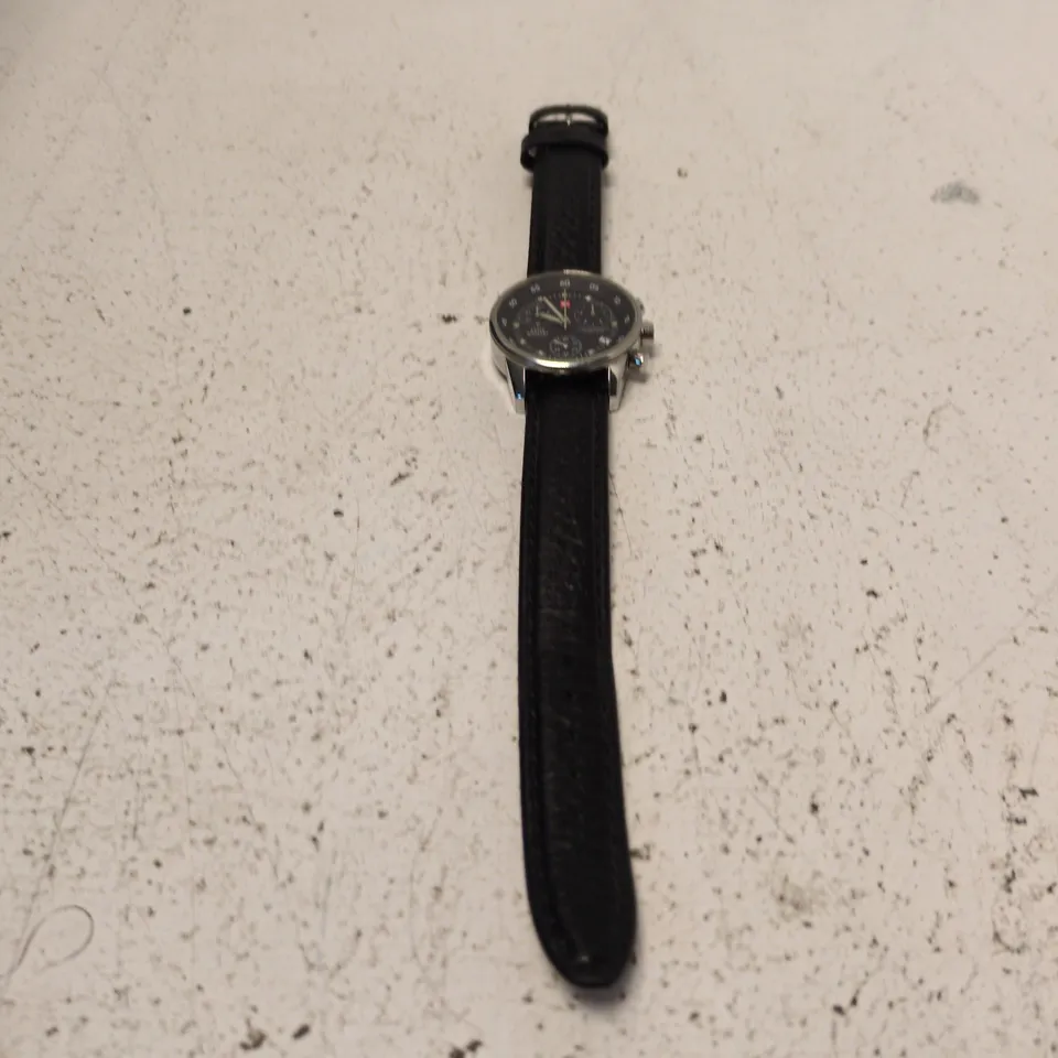 SWISS MILITARY CHRONOGRAPH WATCH – STAINLESS STEEL CASE, BLACK DIAL, LEATHER STRAP, DATE WINDOW