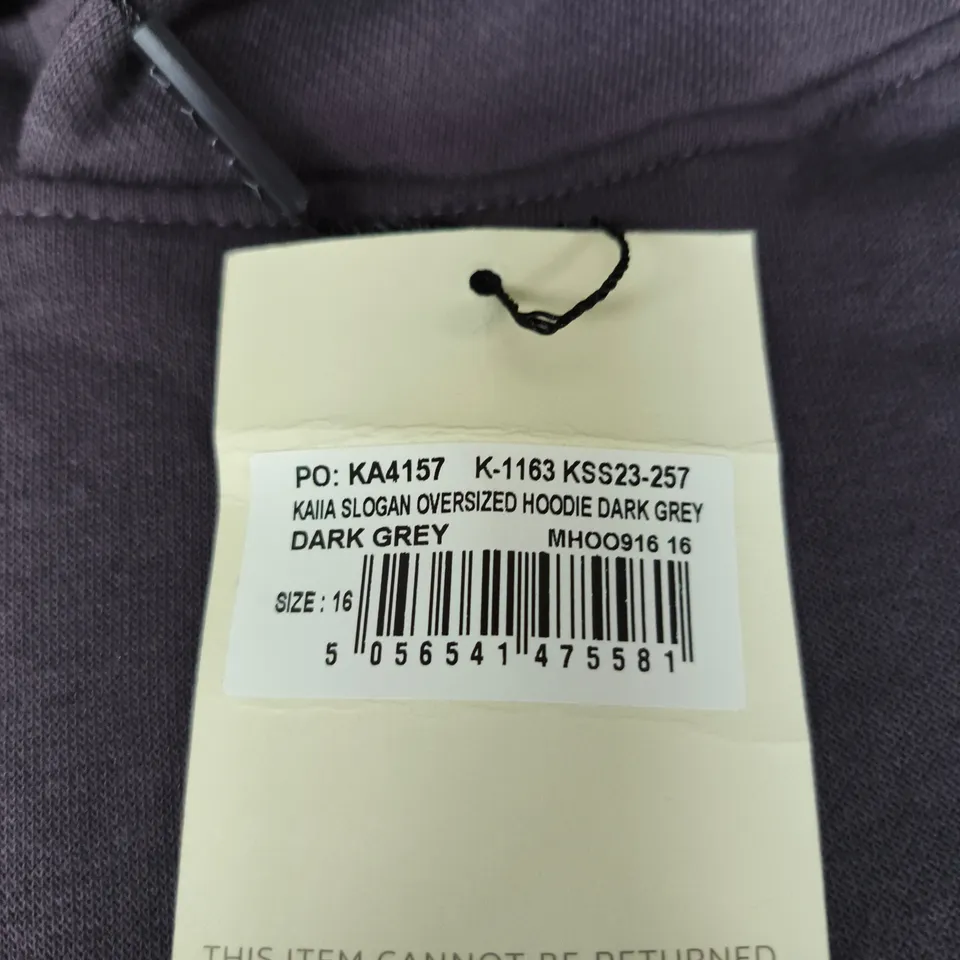 KAIIA SLOGAN OVERSIZED HOODIE – DARK GREY, UK SIZE 16
