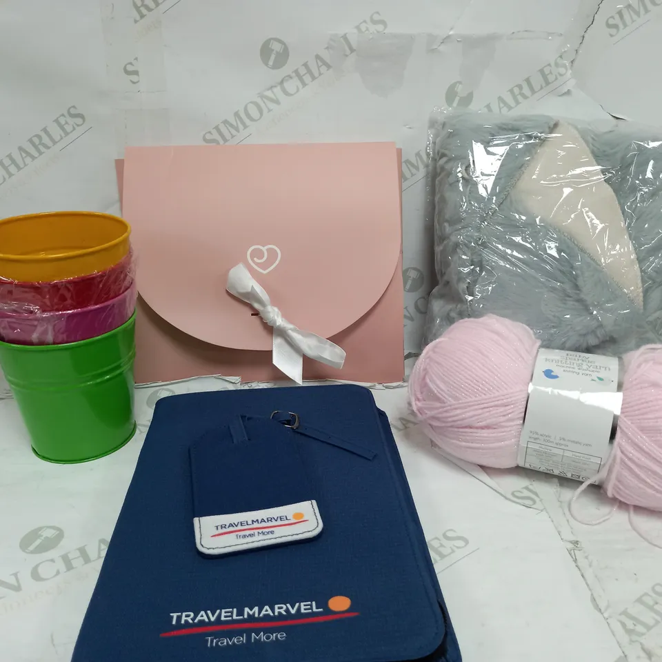 BOX OF APPROXIMATELY 15 ASSORTED ITEMS TO INCLUDE TRAVEL BOOKLET, YARN, NIGHT TIME SET ETC