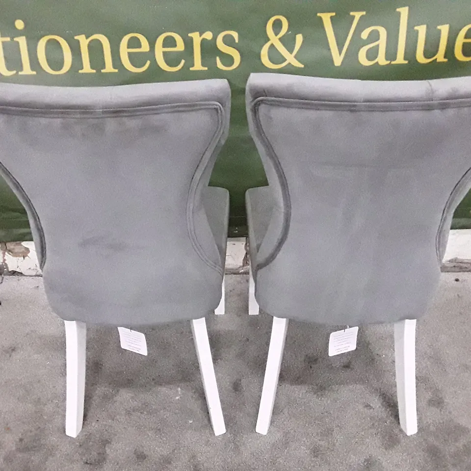 SET OF 2 DESIGNER BEWLEY UPHOLSTERED DINING CHAIRS GREY VELVET FABRIC ON WHITE LEGS