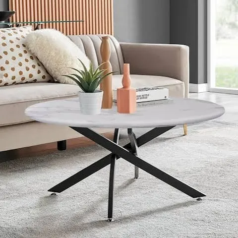BOXED NOVARA COFFEE TABLE WITH GLASS MARBLE EFFECT TOP AND BLACK LEGS (2 BOXES)