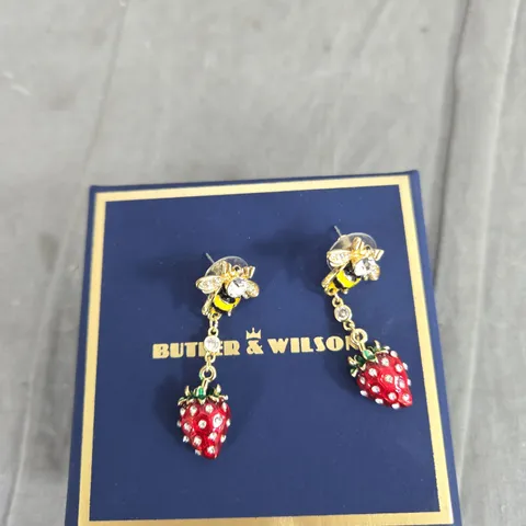BUTLER & WILSON STRAWBERRY DROP EARRINGS – BEE DETAIL, BOXED