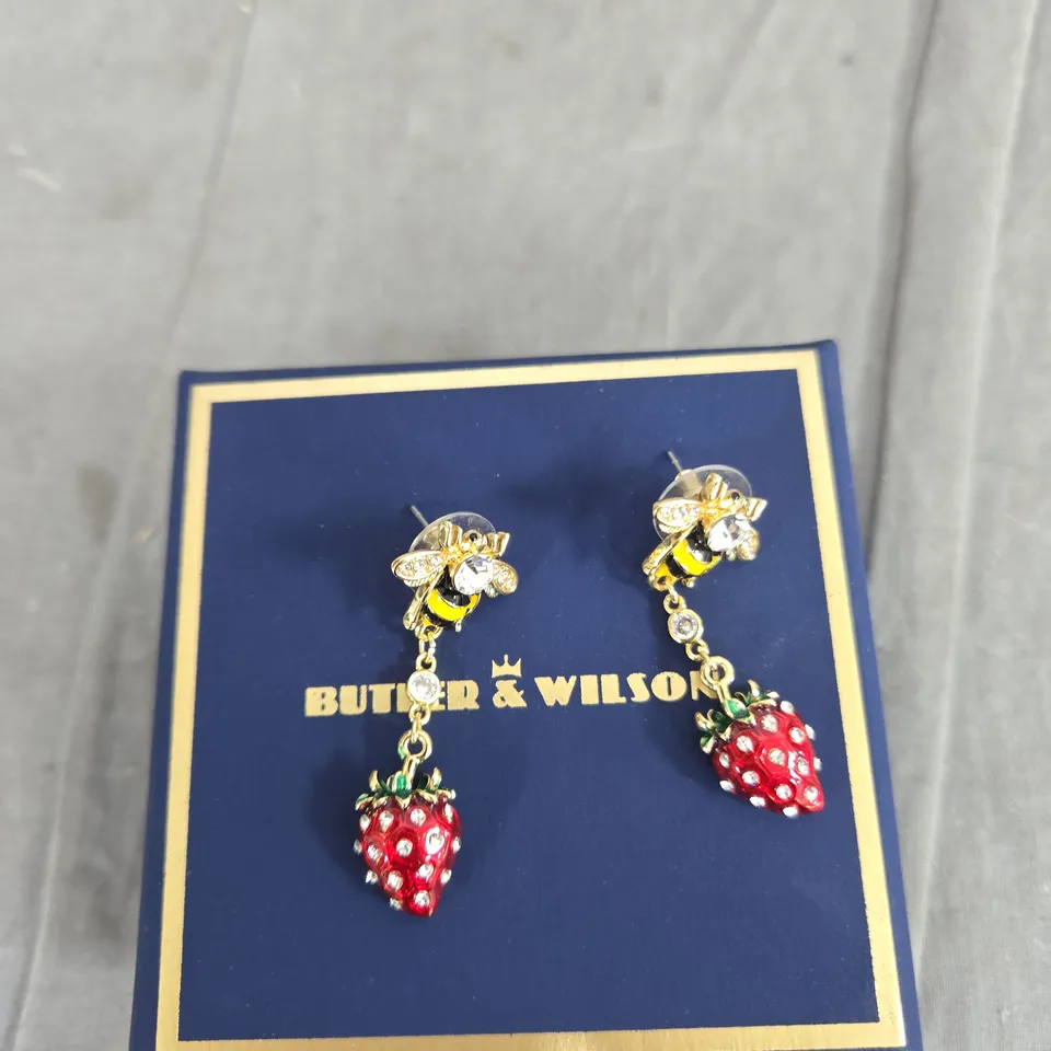 BUTLER & WILSON STRAWBERRY DROP EARRINGS – BEE DETAIL, BOXED