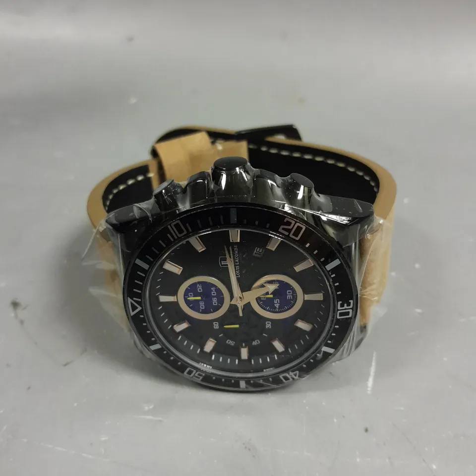 MENS LOUIS LACOMBE CHRONGRAPH WATCH – 3 SUB DIALS – BLACK CASE – LEATHER STRAP