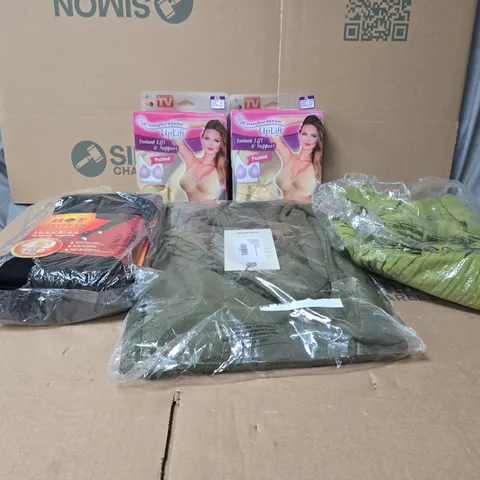 BOX OF APPROXIMATELY 20 ASSORTED HOUSEHOLD ITEMS TO INCLUDE COMFORTISSE UPLIFT BRA, CLOTHING, THERMAL FLEECE TIGHTS ETC