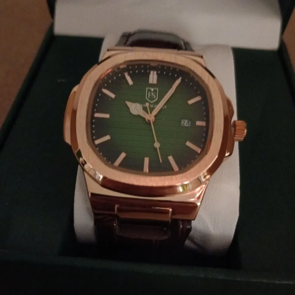 FRANK SCHMIDT WRISTWATCH – ROSE GOLD TONE CASE, GREEN DIAL, BROWN LEATHER STRAP 