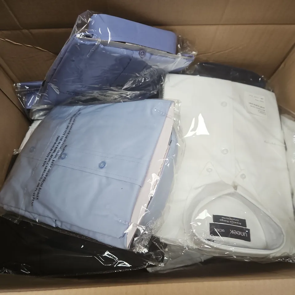 APPROXIMATELY 15 ASSORTED UNEEK SHIRTS IN VARIOUS SIZES & COLOURS TO INCLUDE BLACK, WHITE & LIGHT BLUE