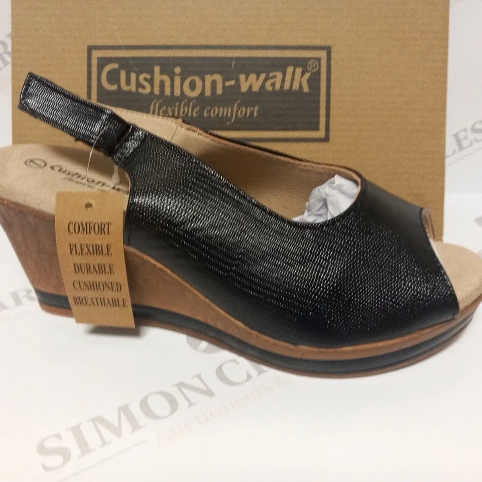 BOXED PAIR OF CUSHION WALK BLACK STRAPPY WEDGE HEELED SHOES - SIZE 7