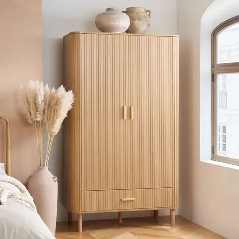 BOXED BIRLEA AXEL 2 DOOR 1 DRAWER FLUTED WARDROBE - OAK (2 BOXES)