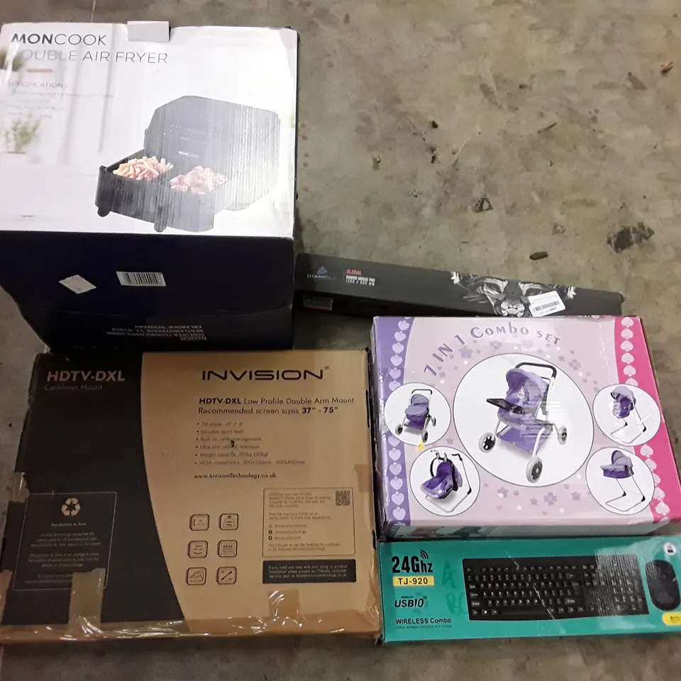 PALLET OF ASSORTED PRODUCTS INCLUDING DOUBLE AIR FRYER, GAMING MOUSE PAD, 7 IN 1 COMBO PRAM TOY, WIRELESS KEYBOARD & MOUSE, DOUBLE ARM TV MOUNT