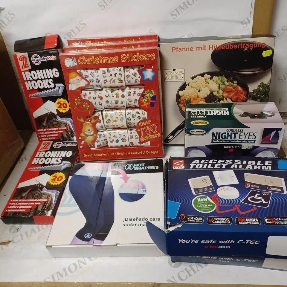LOT OF APPROX 10 ASSORTED ITEMS TO INCLUDE CHRISTMAS STICKERS. ACCESSIBLE TOILET ALARMS. IRONING HOOKS ETC