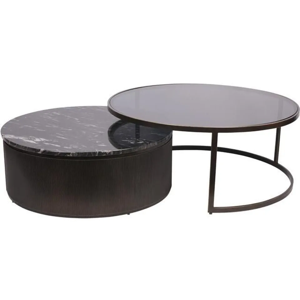 BOXED BRAMANTE ART DECO BLACK SET OF 2 NESTING COFFEE TABLES IN GLASS AND MARBLE