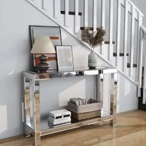 BOXED SHYFOY MODERN MIRRORED CRUSHED DIAMOND CONSOLE TABLE WITH STORAGE SHELF