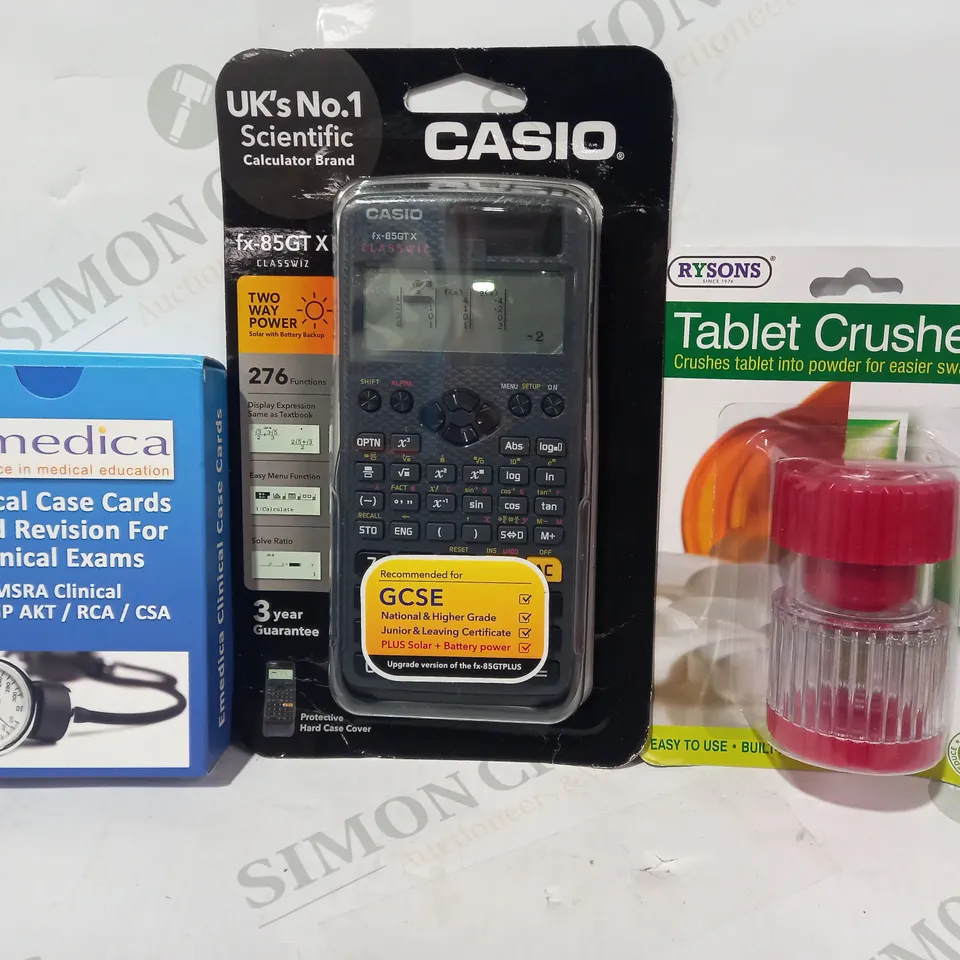 LOT OF APPROXIMATELY 10 ASSORTED HOUSEHOLD ITEMS TO INCLUDE TABLET CRUSHER, CASIO SCIENTIFIC CALCULATOR, CLINICAL REVISION CASE CARDS, ETC